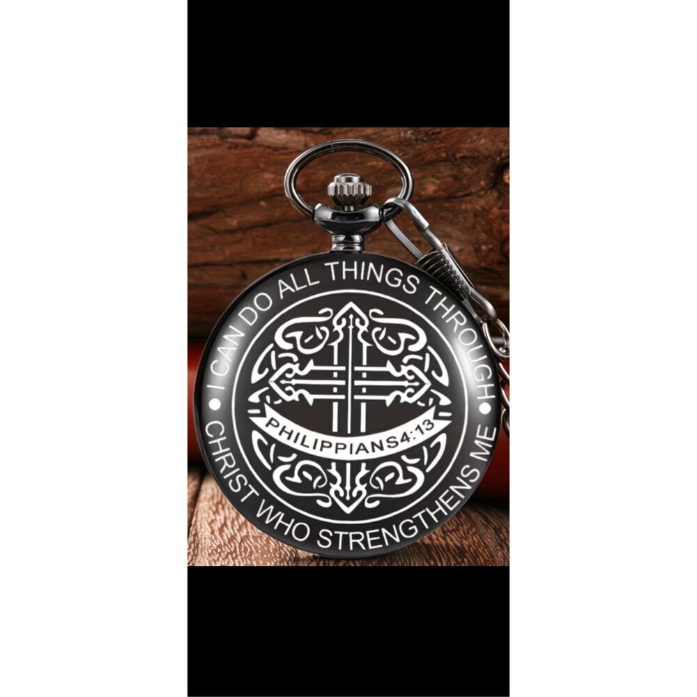 ✝️ Philippians 4:13 Pocket Watch Necklace – “I Can Do All Things” – Black Finish